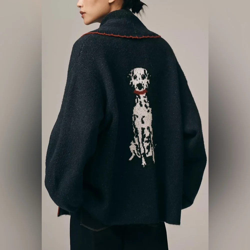NWT Anthropologie Flat White Mariel Longline Cardigan: Dog Icon Edition navy OS - Picture 3 of 8